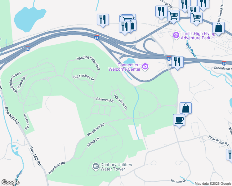 map of restaurants, bars, coffee shops, grocery stores, and more near 27 Moorland Drive in Danbury
