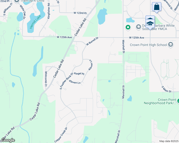 map of restaurants, bars, coffee shops, grocery stores, and more near 1764 Kleven Lane in Crown Point