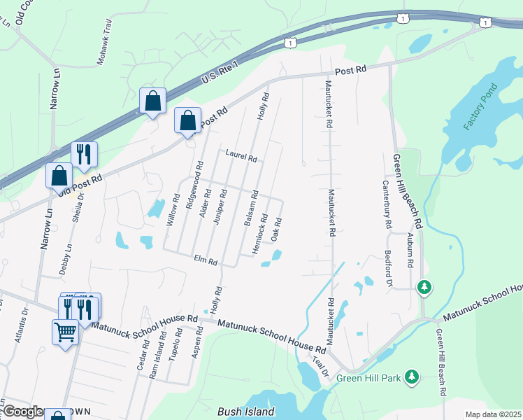 map of restaurants, bars, coffee shops, grocery stores, and more near 106 Hemlock Road in South Kingstown