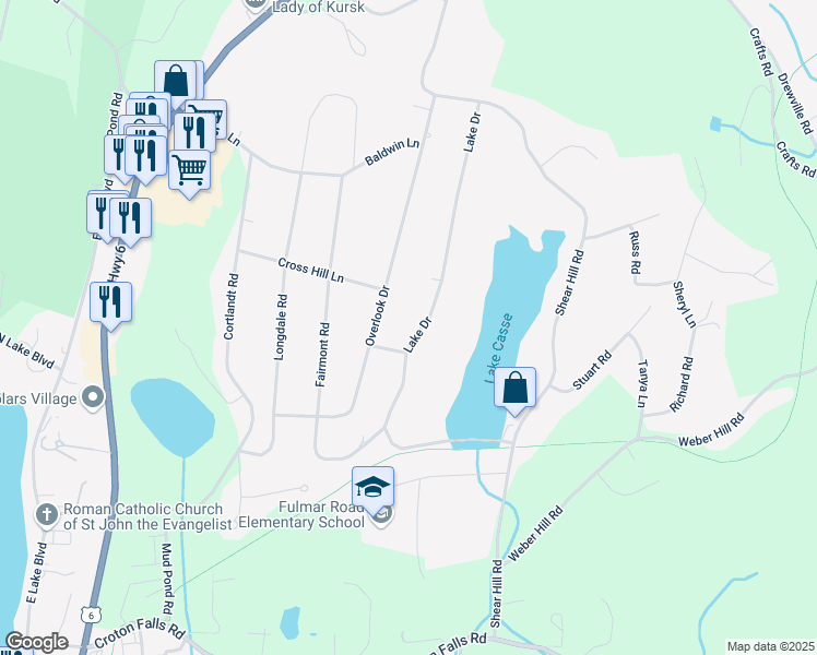 map of restaurants, bars, coffee shops, grocery stores, and more near 109 Lake Drive in Mahopac