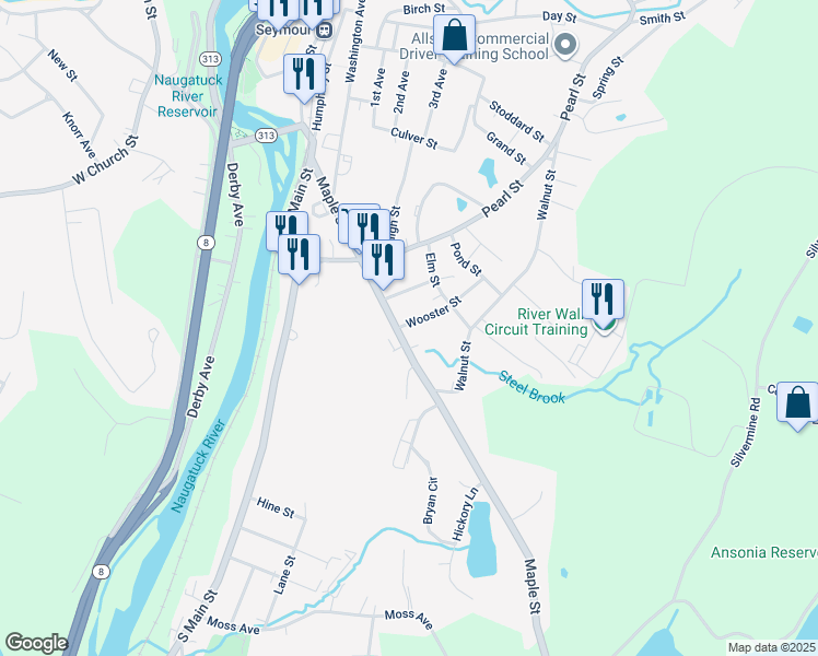 map of restaurants, bars, coffee shops, grocery stores, and more near 61 Maple Street in Seymour