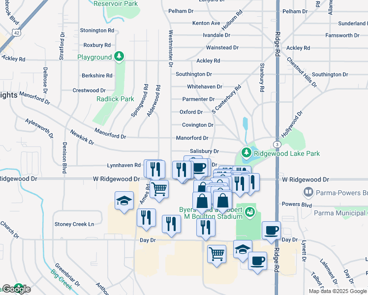 map of restaurants, bars, coffee shops, grocery stores, and more near 8222 Salisbury Drive in Parma