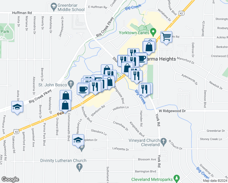 map of restaurants, bars, coffee shops, grocery stores, and more near 6389 Pearl Road in Parma Heights