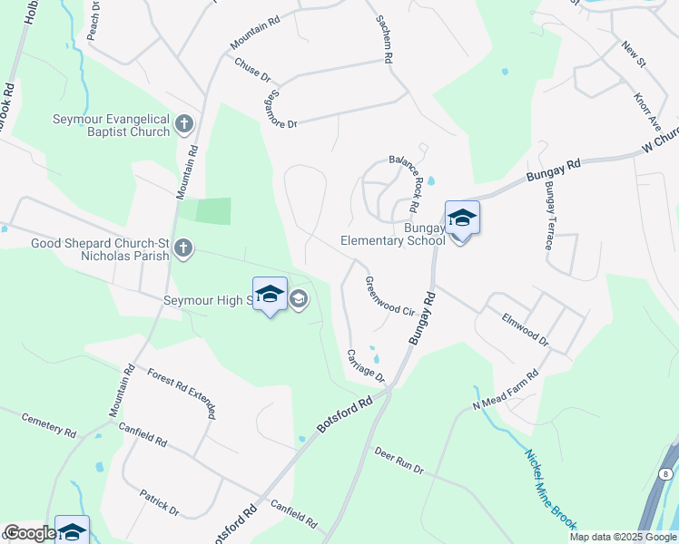 map of restaurants, bars, coffee shops, grocery stores, and more near 25 Carriage Drive in Seymour