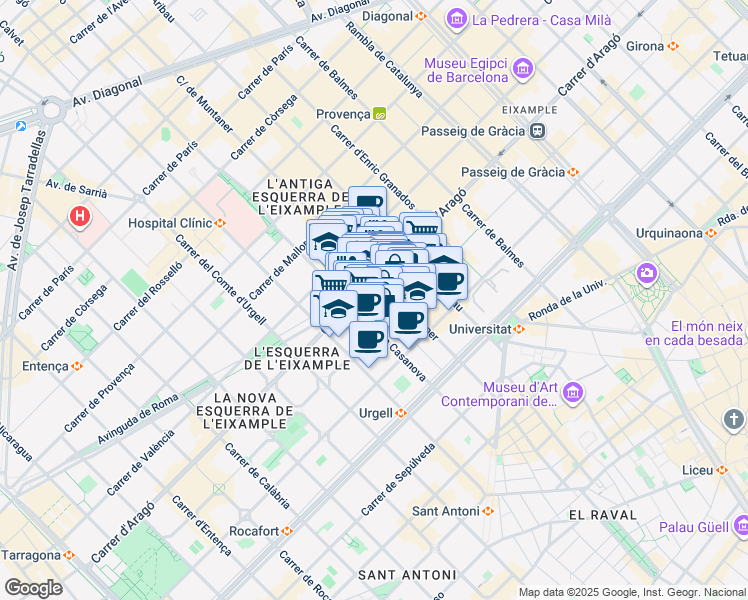 map of restaurants, bars, coffee shops, grocery stores, and more near 182 Carrer d'Aragó in Barcelona