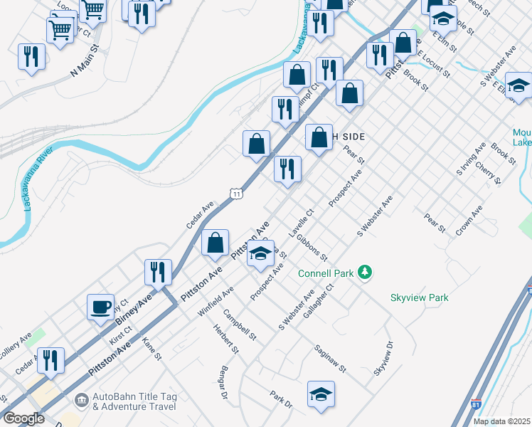 map of restaurants, bars, coffee shops, grocery stores, and more near 2102 Pittston Ave in Scranton