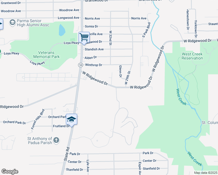 map of restaurants, bars, coffee shops, grocery stores, and more near 3207 West Ridgewood Drive in Parma
