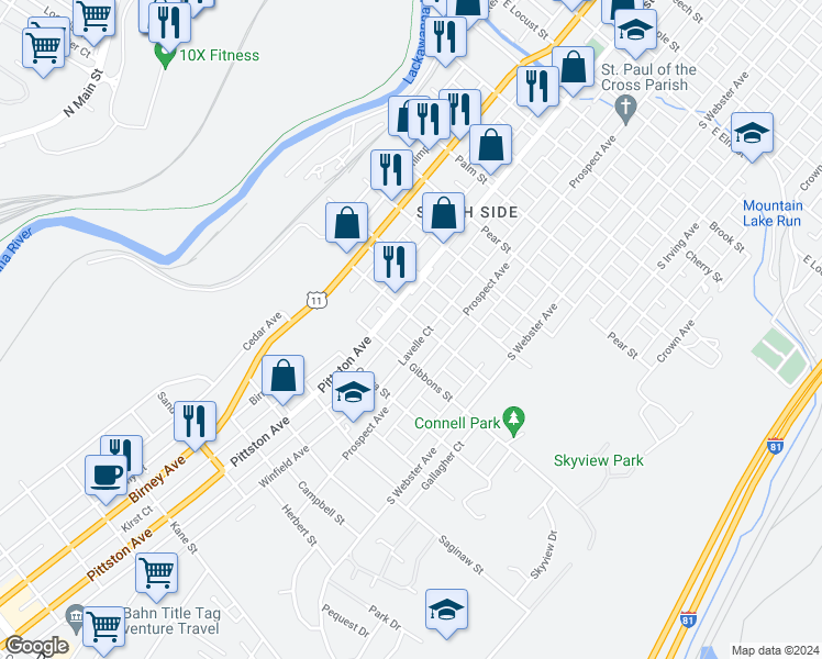 map of restaurants, bars, coffee shops, grocery stores, and more near 518 Ripple Street in Scranton