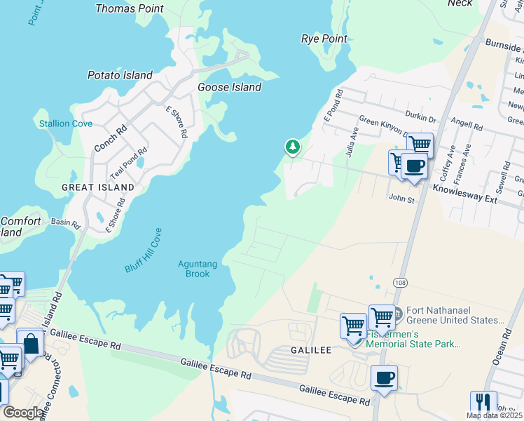 map of restaurants, bars, coffee shops, grocery stores, and more near 11 Sunset Shore Drive in Narragansett