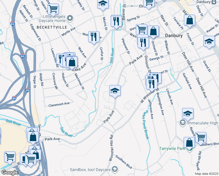 map of restaurants, bars, coffee shops, grocery stores, and more near 108 Linron Drive in Danbury