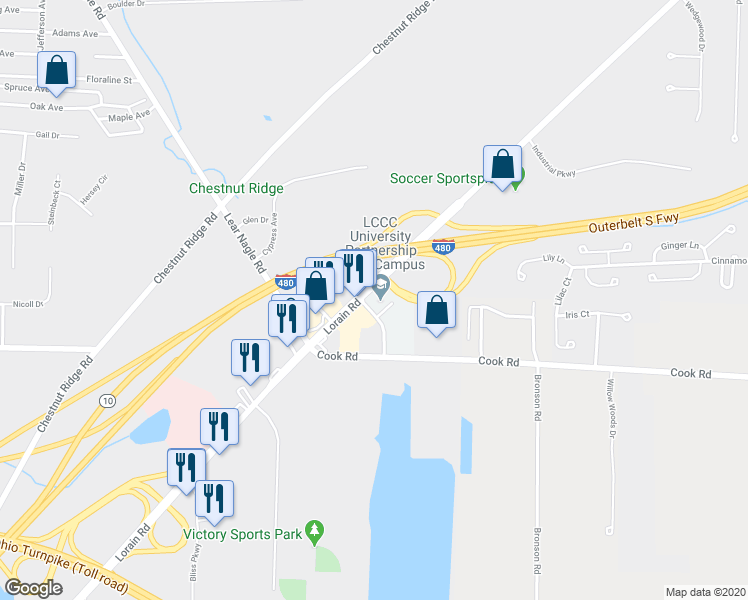 map of restaurants, bars, coffee shops, grocery stores, and more near 32121 Lorain Road in North Ridgeville