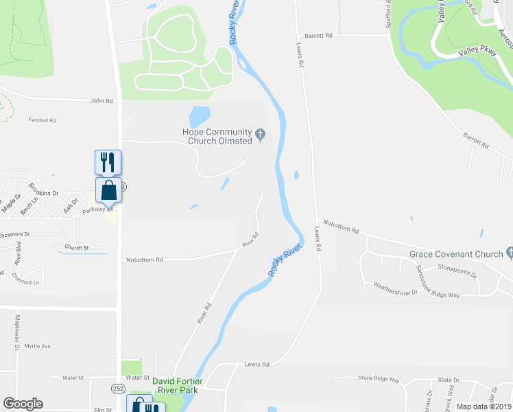 map of restaurants, bars, coffee shops, grocery stores, and more near 7200 River Road in Olmsted Falls