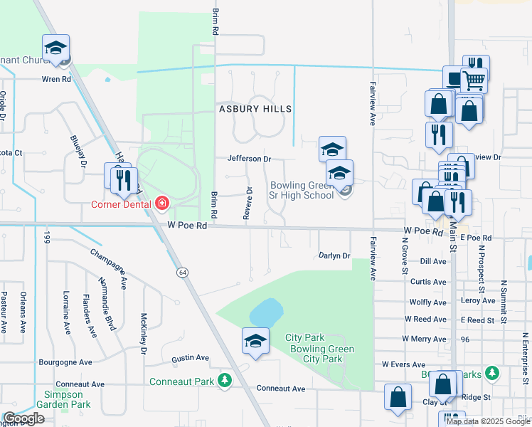 map of restaurants, bars, coffee shops, grocery stores, and more near 1010 Revere Dr in Bowling Green