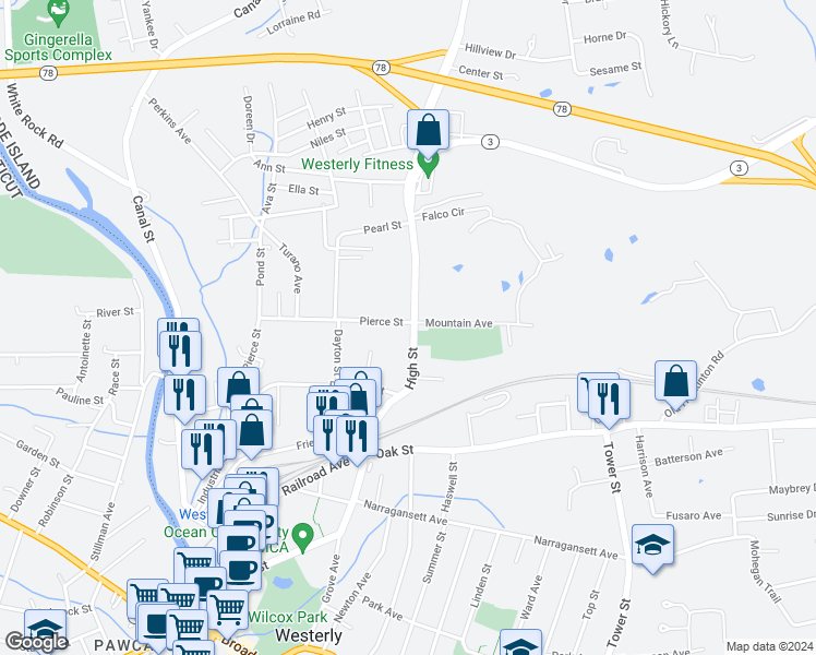 map of restaurants, bars, coffee shops, grocery stores, and more near 176 High Street in Westerly