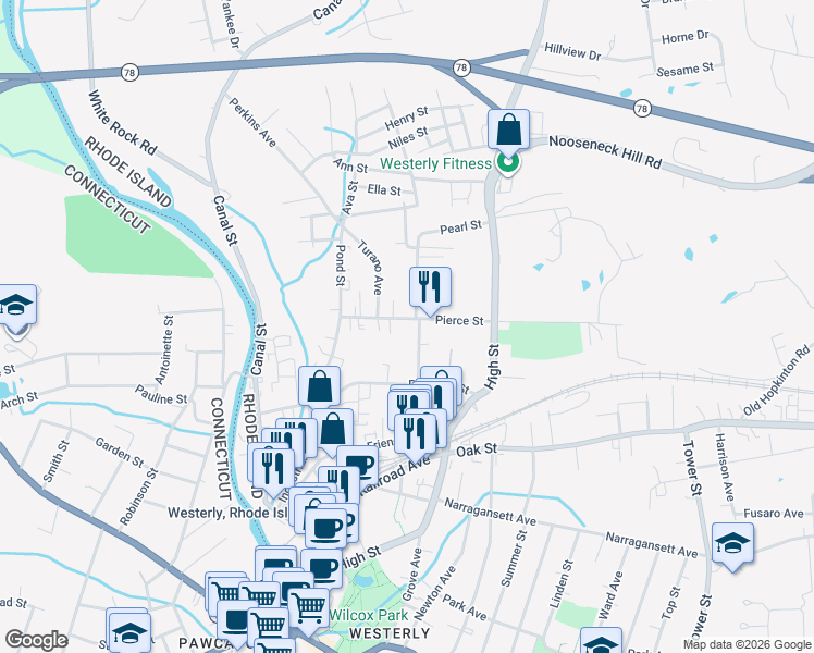 map of restaurants, bars, coffee shops, grocery stores, and more near 23 Dayton Street in Westerly