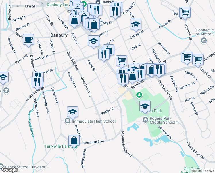 map of restaurants, bars, coffee shops, grocery stores, and more near 25 Grand Street in Danbury