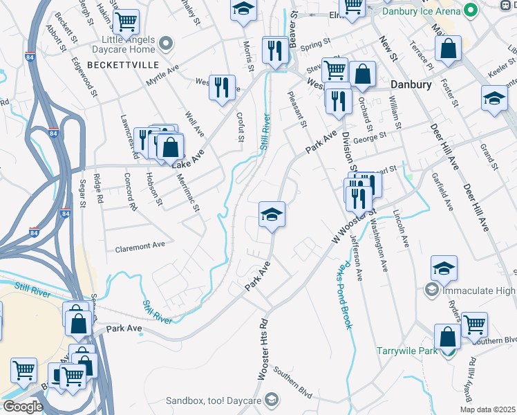 map of restaurants, bars, coffee shops, grocery stores, and more near 108 Linron Drive in Danbury
