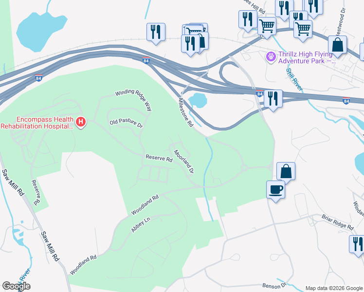 map of restaurants, bars, coffee shops, grocery stores, and more near 27 Moorland Drive in Danbury