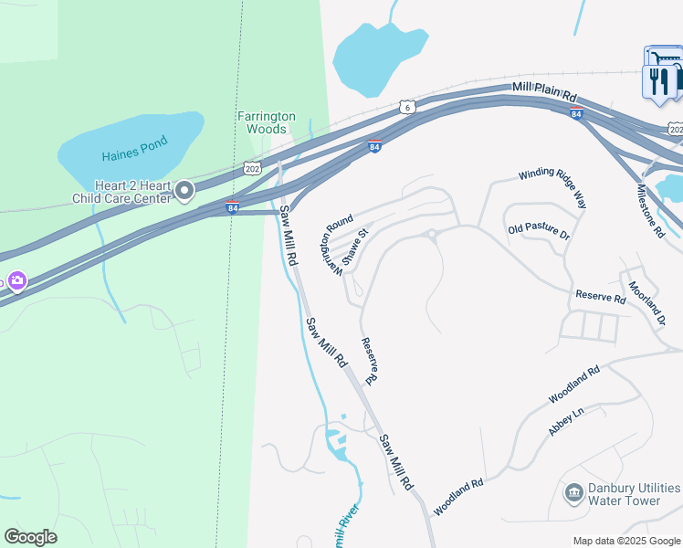 map of restaurants, bars, coffee shops, grocery stores, and more near 10 Brinscall Court in Danbury