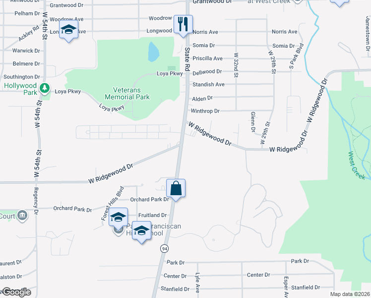 map of restaurants, bars, coffee shops, grocery stores, and more near 6521 State Road in Parma