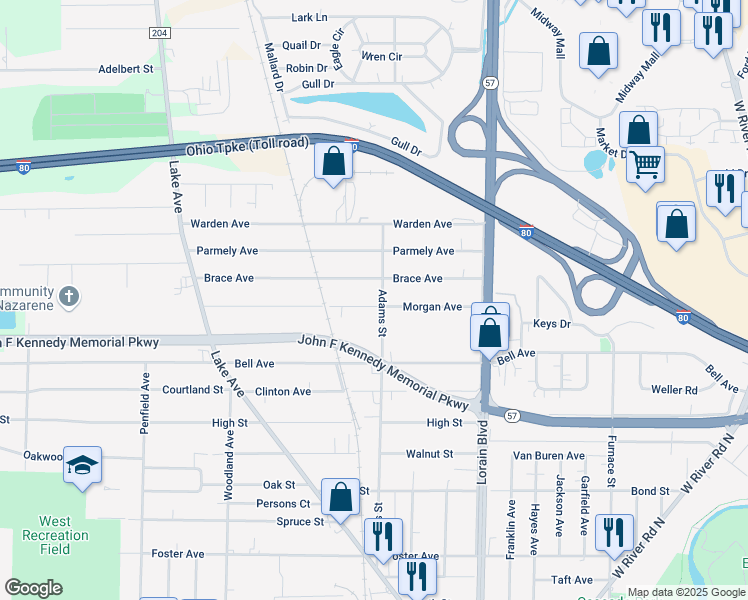 map of restaurants, bars, coffee shops, grocery stores, and more near 237 Morgan Avenue in Elyria