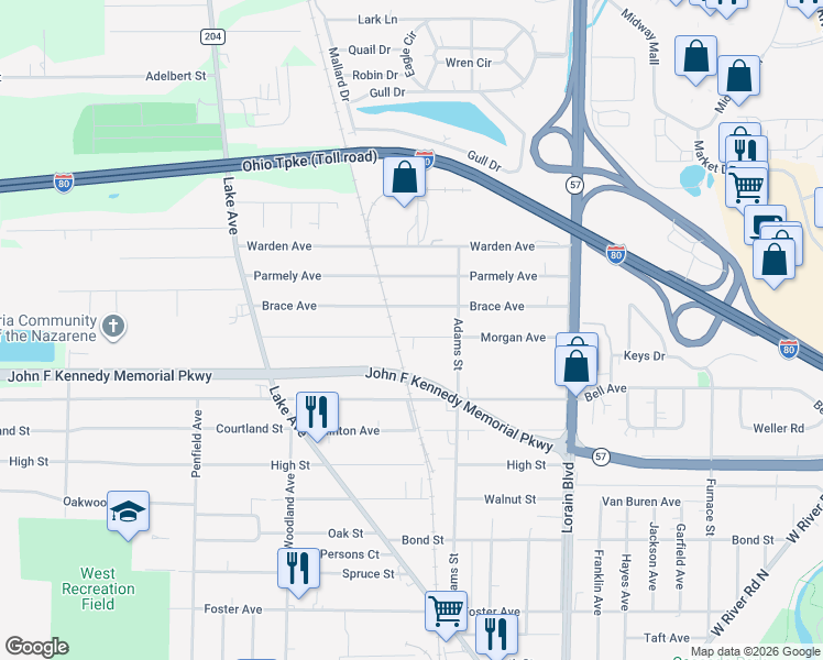 map of restaurants, bars, coffee shops, grocery stores, and more near 206 Morgan Avenue in Elyria
