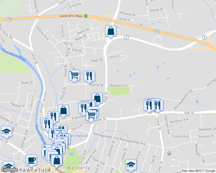 map of restaurants, bars, coffee shops, grocery stores, and more near 177 High Street in Westerly