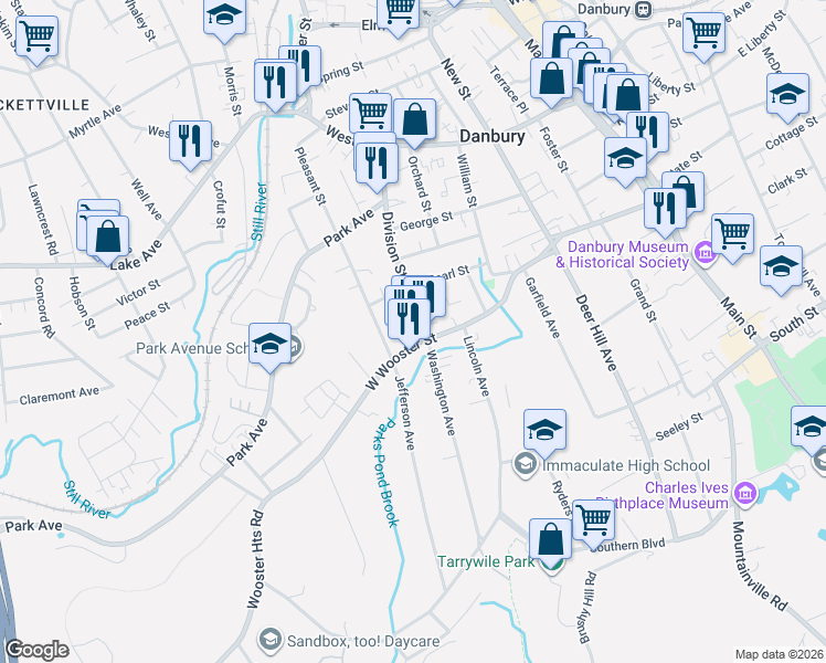 map of restaurants, bars, coffee shops, grocery stores, and more near 65 West Wooster Street in Danbury
