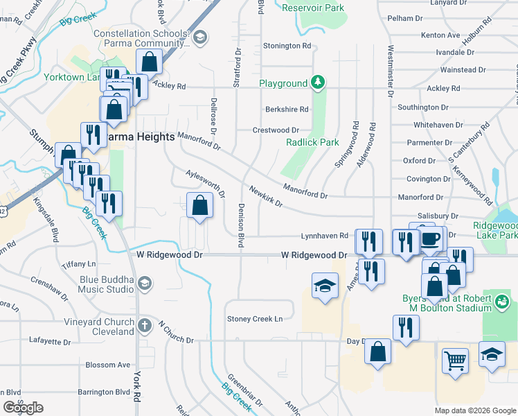 map of restaurants, bars, coffee shops, grocery stores, and more near 6513 Kenbridge Road in Parma Heights