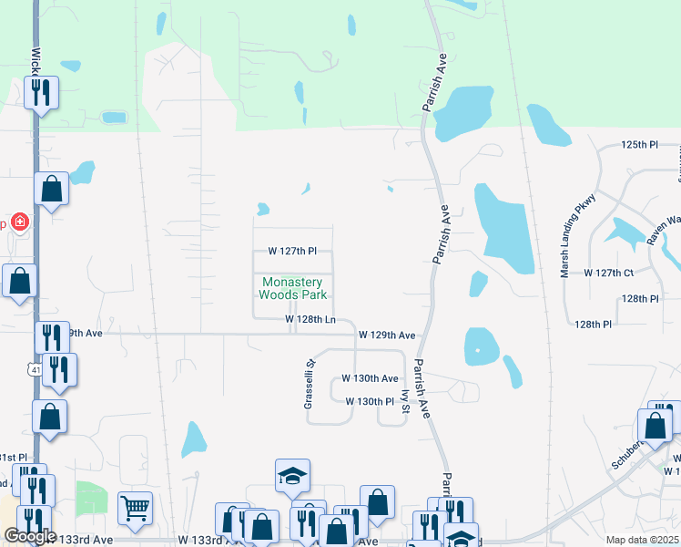 map of restaurants, bars, coffee shops, grocery stores, and more near 12753 Carey Street in Cedar Lake