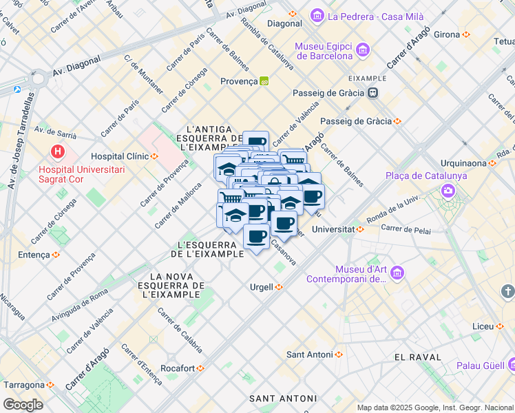 map of restaurants, bars, coffee shops, grocery stores, and more near 182 Carrer d'Aragó in Barcelona