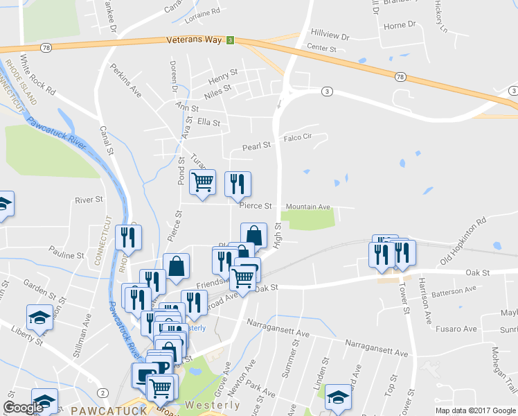 map of restaurants, bars, coffee shops, grocery stores, and more near 10 Pierce Street in Westerly
