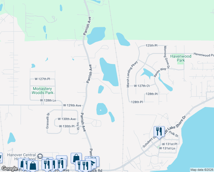 map of restaurants, bars, coffee shops, grocery stores, and more near 10128 W 128th Ln in Cedar Lake