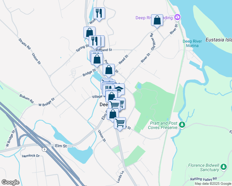 map of restaurants, bars, coffee shops, grocery stores, and more near 17 River Street in Deep River