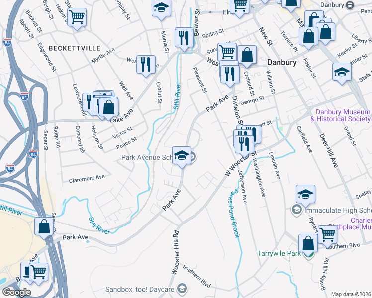 map of restaurants, bars, coffee shops, grocery stores, and more near 26 Crescent Drive in Danbury