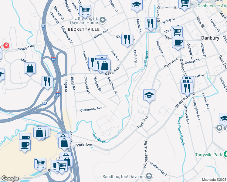 map of restaurants, bars, coffee shops, grocery stores, and more near 31 Merrimac Street in Danbury
