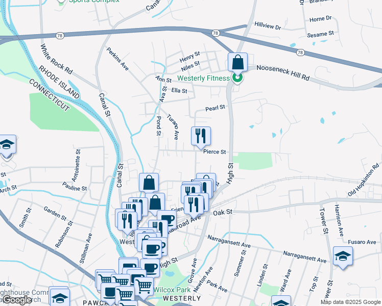 map of restaurants, bars, coffee shops, grocery stores, and more near 23 Dayton Street in Westerly