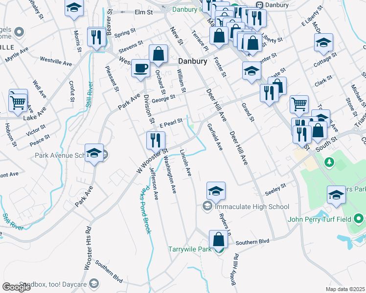 map of restaurants, bars, coffee shops, grocery stores, and more near in Danbury