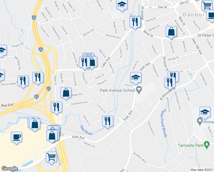 map of restaurants, bars, coffee shops, grocery stores, and more near 36 Merrimac Street in Danbury