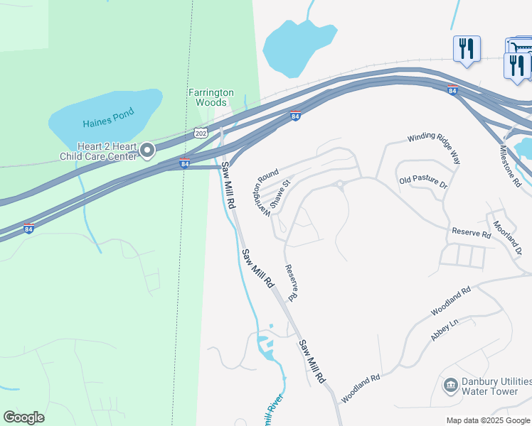 map of restaurants, bars, coffee shops, grocery stores, and more near 10 Brinscall Court in Danbury