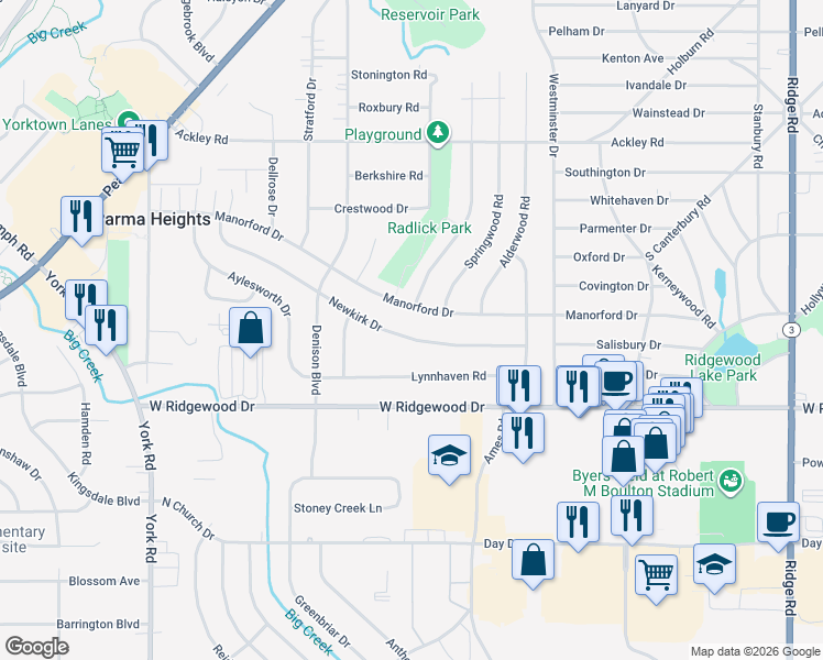 map of restaurants, bars, coffee shops, grocery stores, and more near 9277 Newkirk Drive in Parma Heights