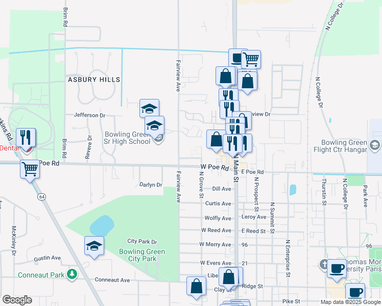 map of restaurants, bars, coffee shops, grocery stores, and more near 336 West Poe Road in Bowling Green