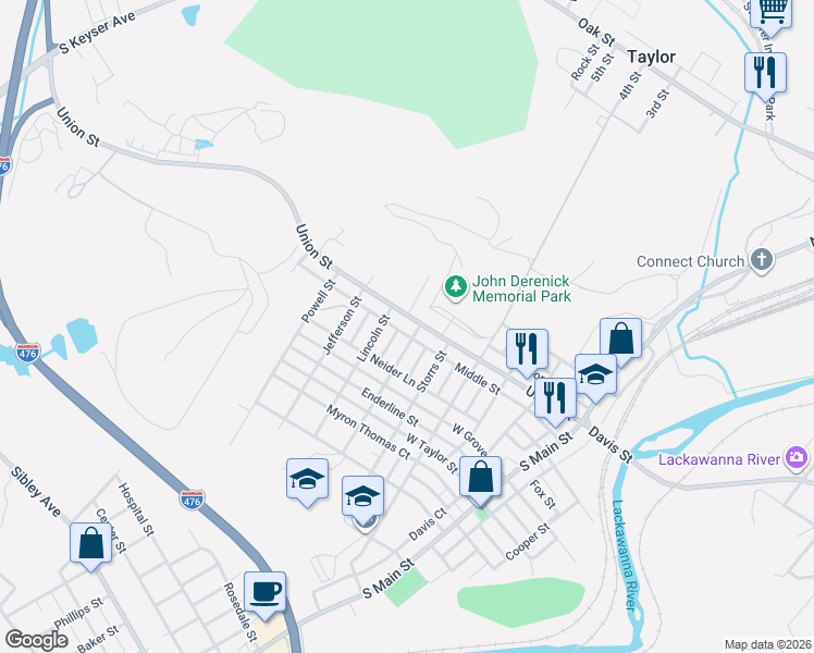 map of restaurants, bars, coffee shops, grocery stores, and more near 517 Union St in Taylor