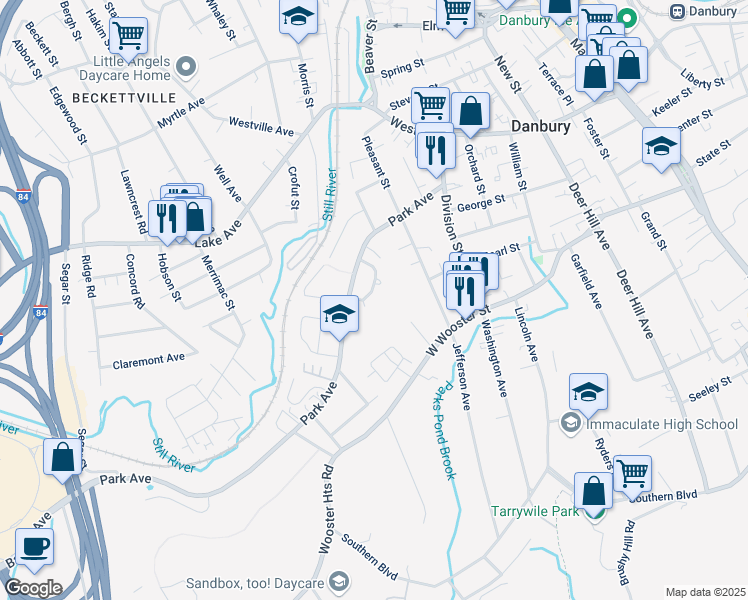 map of restaurants, bars, coffee shops, grocery stores, and more near 26 Crescent Drive in Danbury