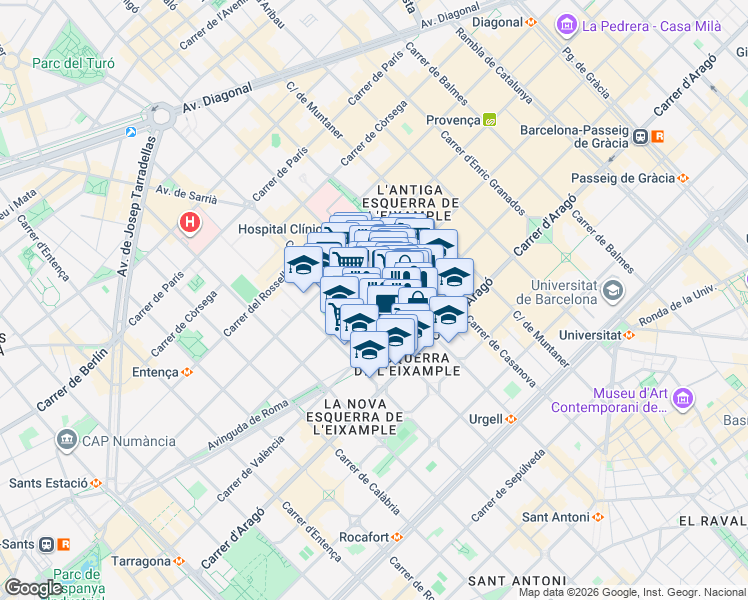 map of restaurants, bars, coffee shops, grocery stores, and more near 132 Carrer de Mallorca in Barcelona