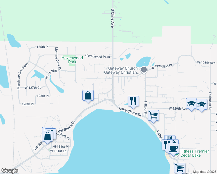 map of restaurants, bars, coffee shops, grocery stores, and more near 8027 West 127th Lane in Cedar Lake