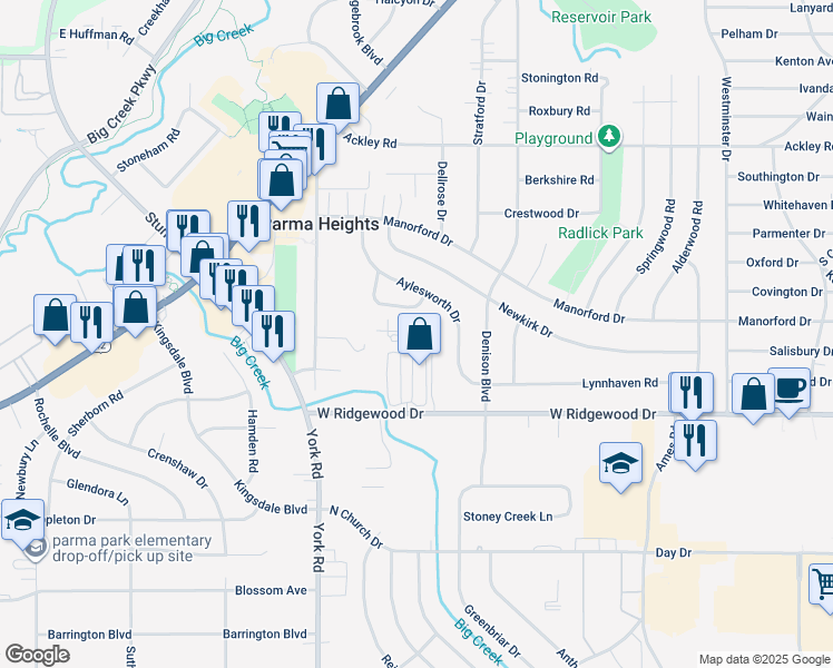 map of restaurants, bars, coffee shops, grocery stores, and more near 6455 Princeton Court in Cleveland
