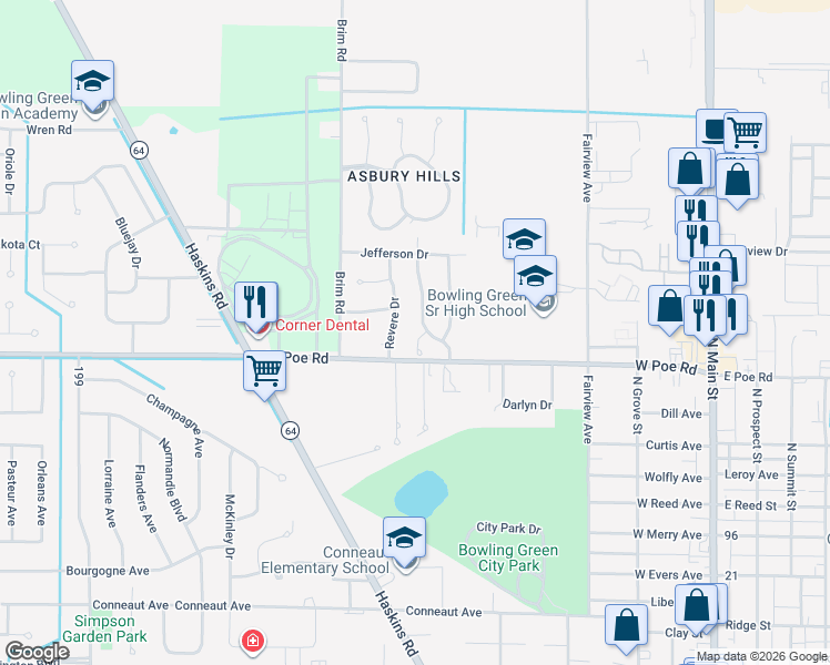 map of restaurants, bars, coffee shops, grocery stores, and more near 1010 Revere Dr in Bowling Green