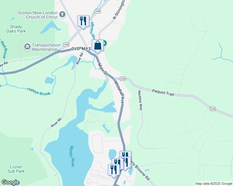 map of restaurants, bars, coffee shops, grocery stores, and more near 179 Whitehall Avenue in Stonington