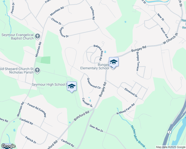 map of restaurants, bars, coffee shops, grocery stores, and more near 16 Greenwood Circle in Seymour